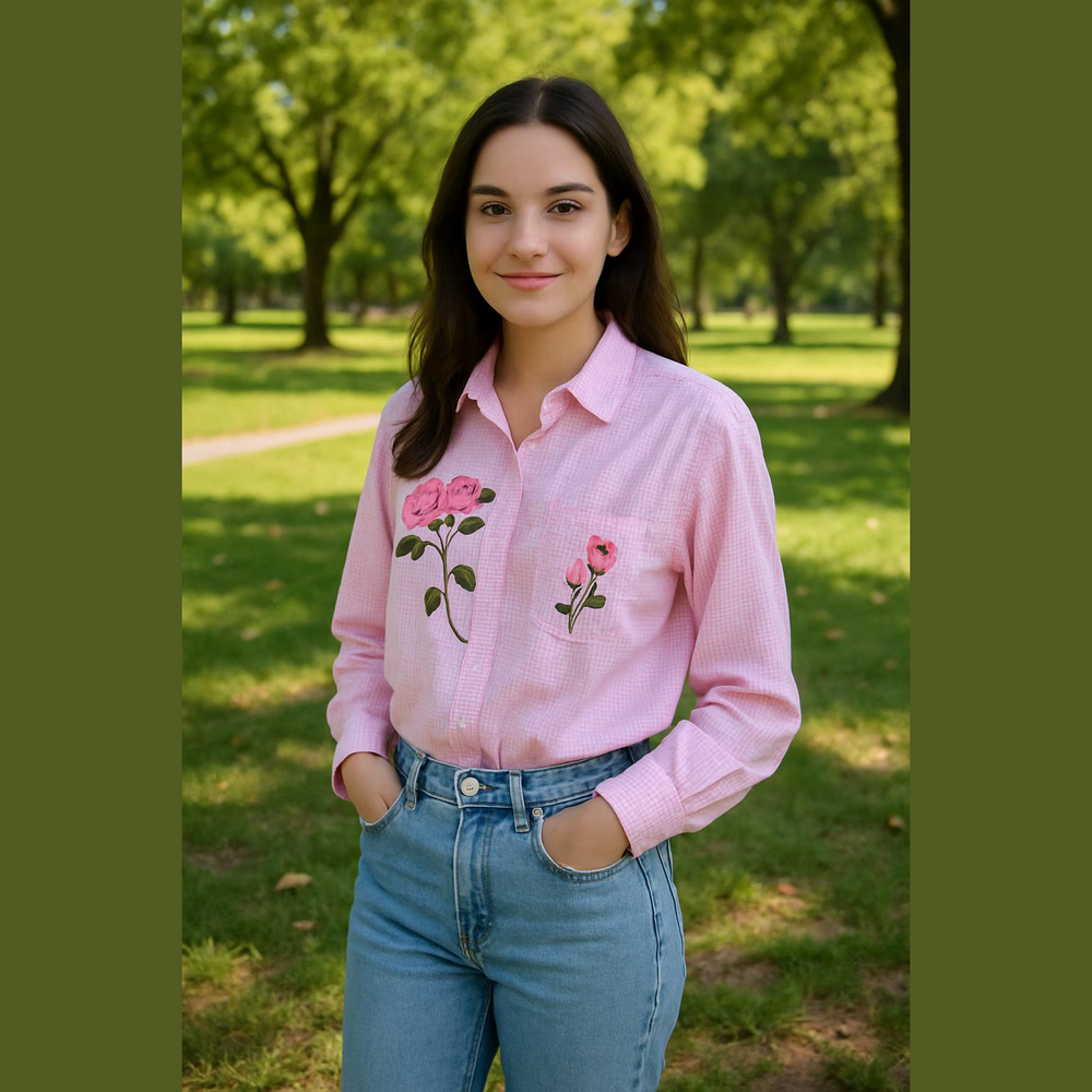 Vintage Pink Button-Up Western Shirt with Floral Embroidered Appliqué.